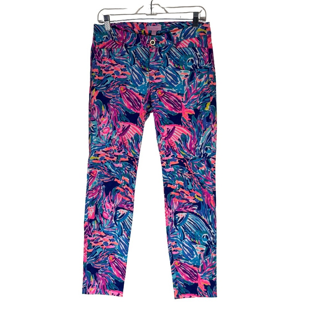 Lilly Pulitzer Fish Pants Women Size 2 Blue Pink Tropical Sea Creature Skinny AB